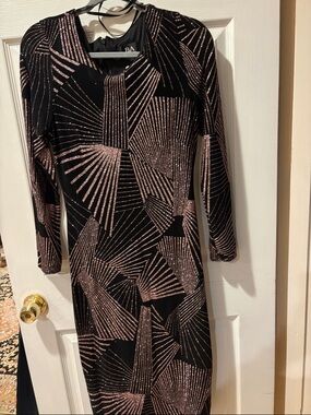 Betsy & Adam Black Dress with Rose Gold Geometric Sequin Pattern